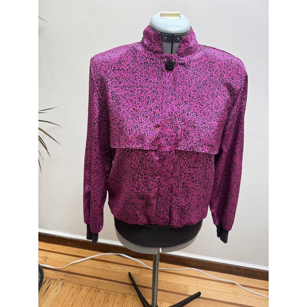 Vintage Paquette Too! 80s Magenta & Black Swirl Bomber Blouse Jacket Size 6